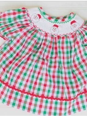 Girls' Gingham Holiday Dress with Santa Yoke - Red, Green, White
